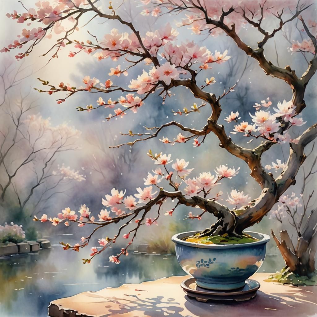 Soft Focus Watercolor of a Bonsai Sakura Tree in Serene Eleg...