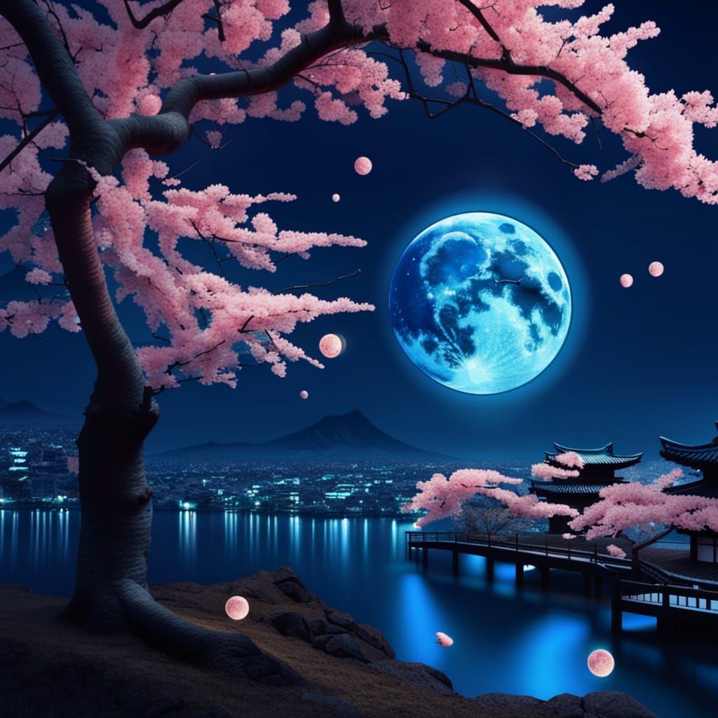 japanese world with cherry trees at night and a blue moon full HD realisitic