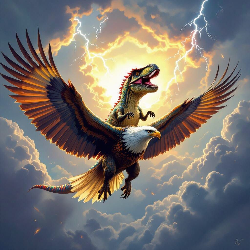 Epic Fantasy T-Rex Rides Eagle Through Stormy Sky