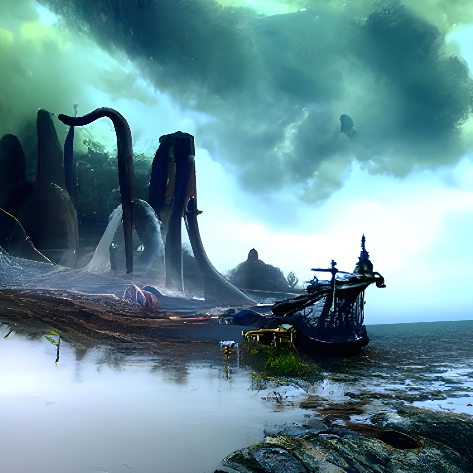 Pirate Graveyard with Kraken in Surreal Seascape