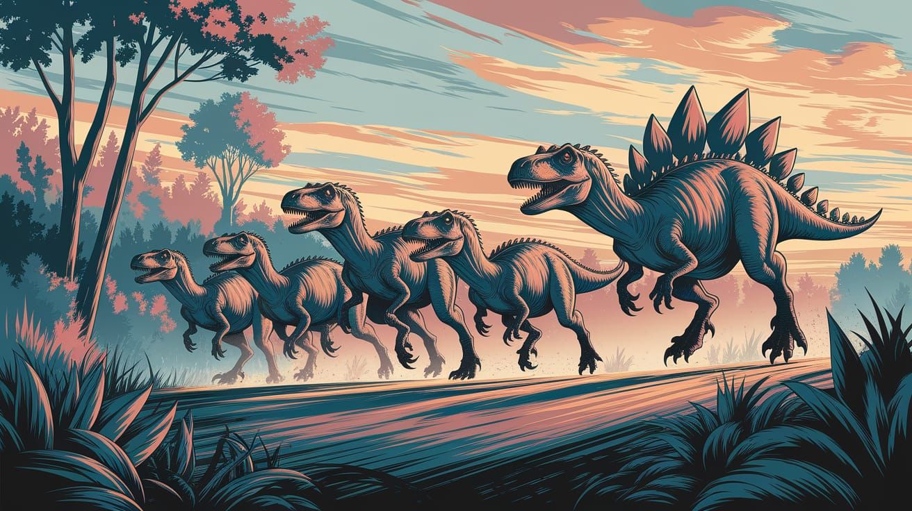 Velociraptors Chase Stegosaurus at Sunset with Impasto Style
