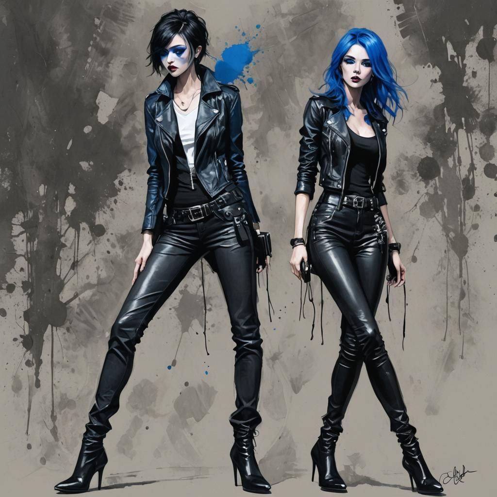 Beautiful Woman in Black Leather: Cartoon Style