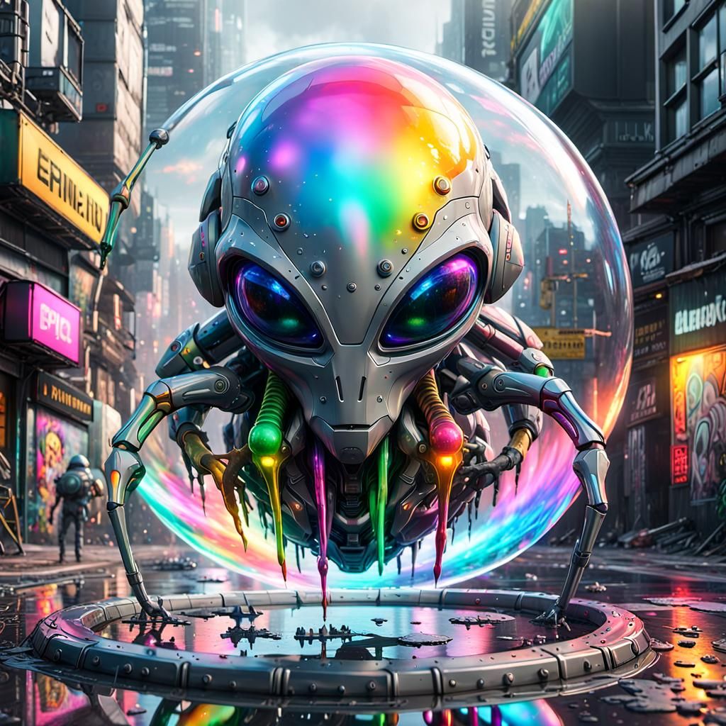 Grey alien, intricate mech details, ground level shot, 8K resolution, Cinema 4D, Behance HD, polished metal, Unreal Engi...