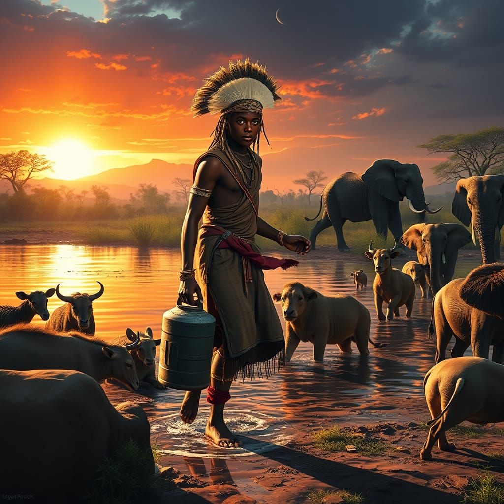 Sunrise Safari: Young Warrior at Watering Hole