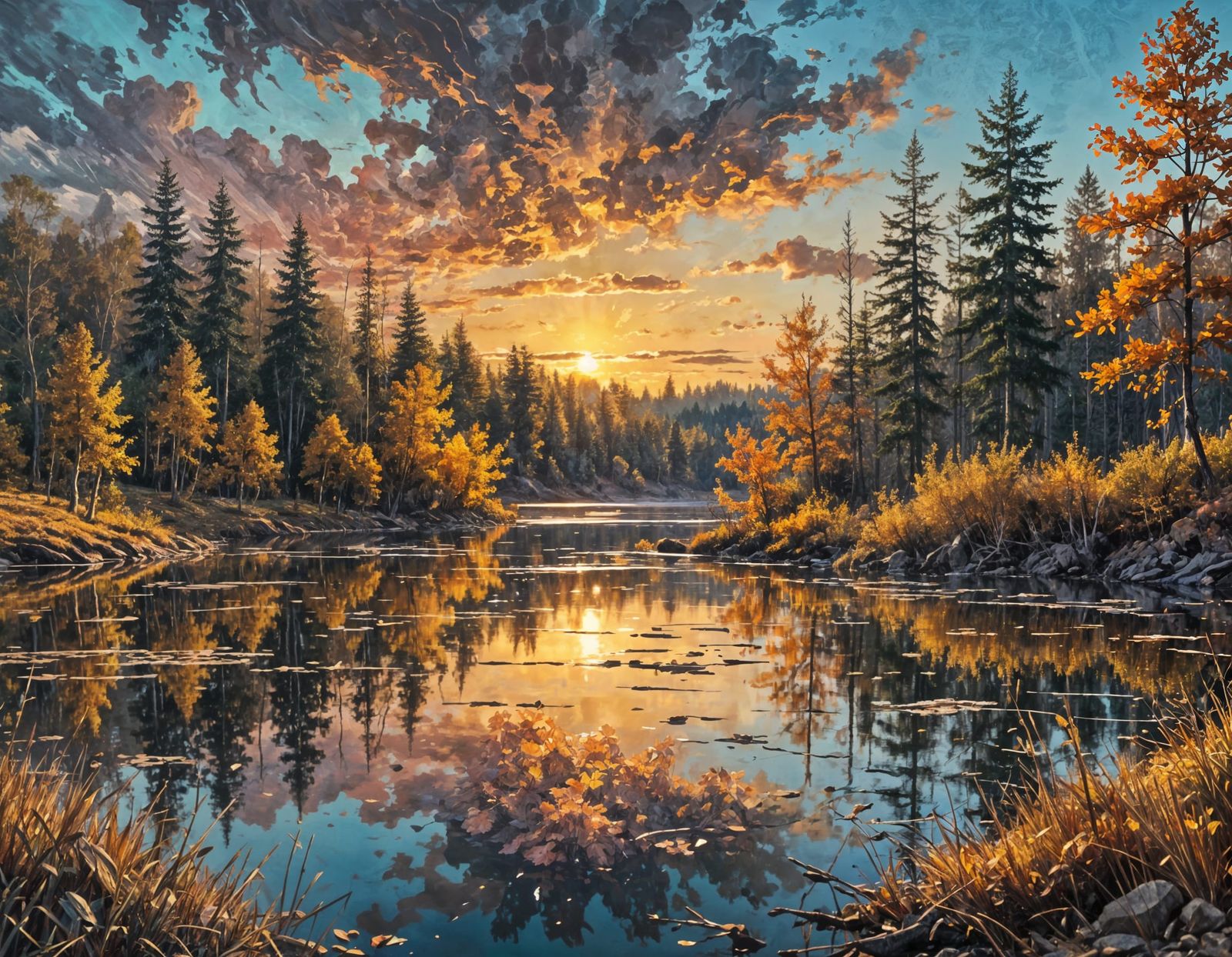 Autumn Sunset Landscape in Oil Painting Style