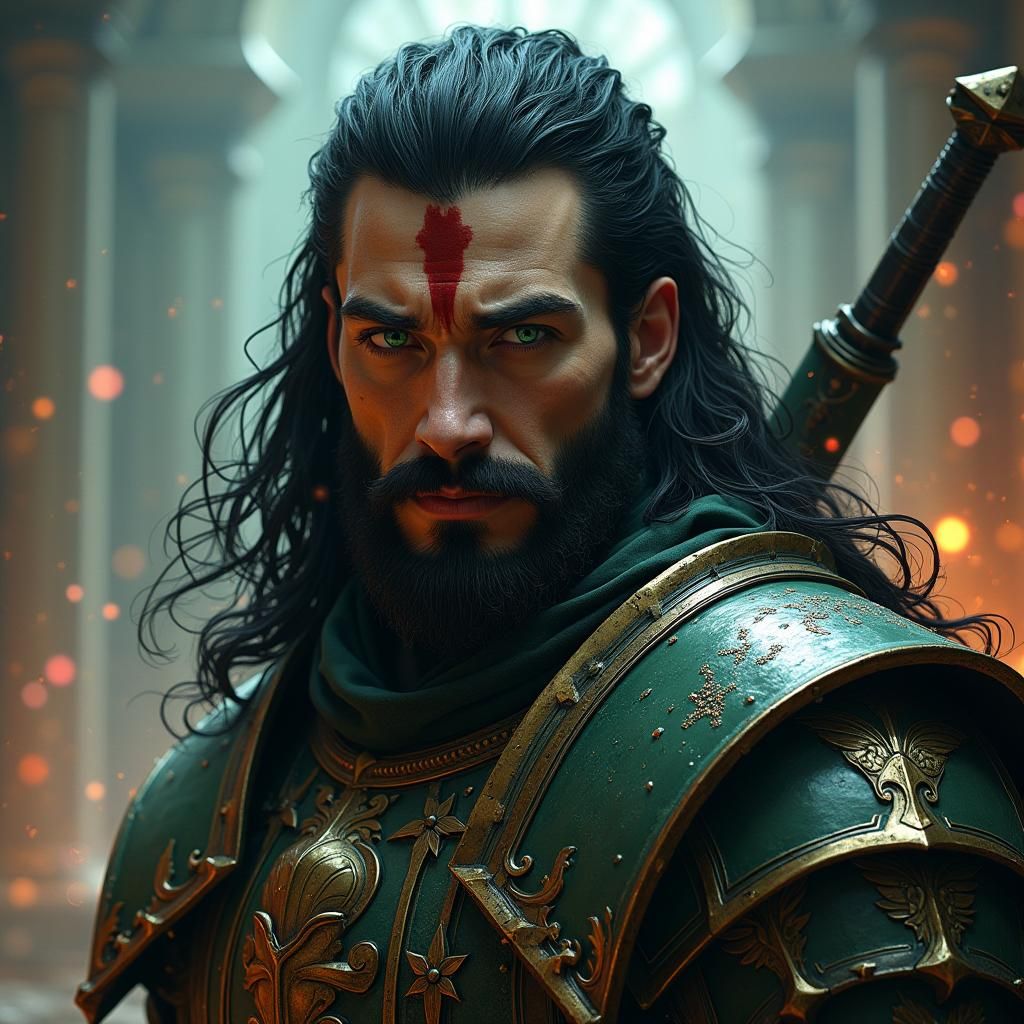 Fallen Aasimar Paladin with Greatsword and Emerald Eyes