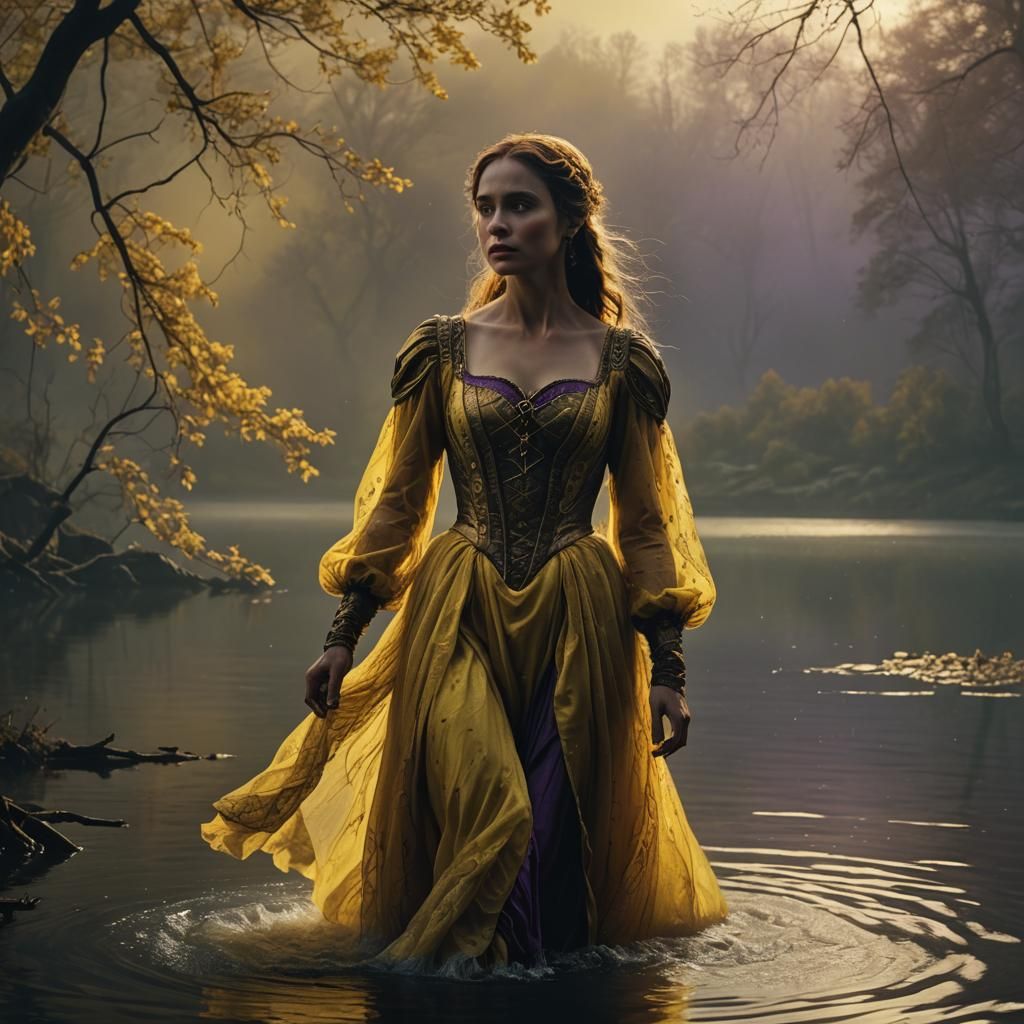 Woman in Yellow Dress by Lake: Dark Fantasy Art
