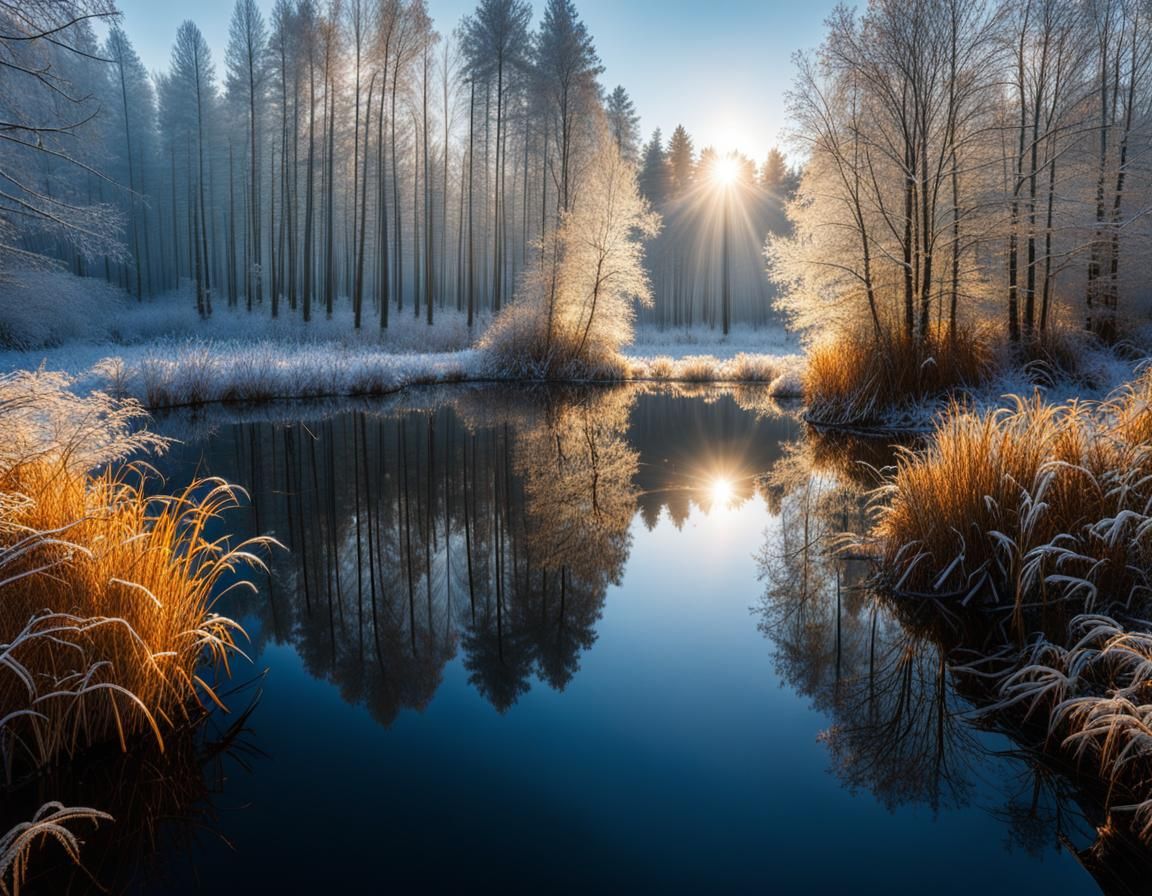 Frosty Pond in Autumn Forest Under Morning Sun