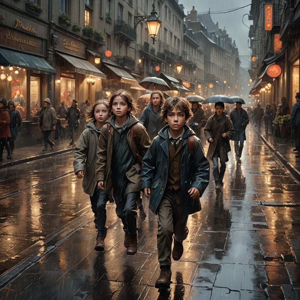 Children Run Through Rainy City Street