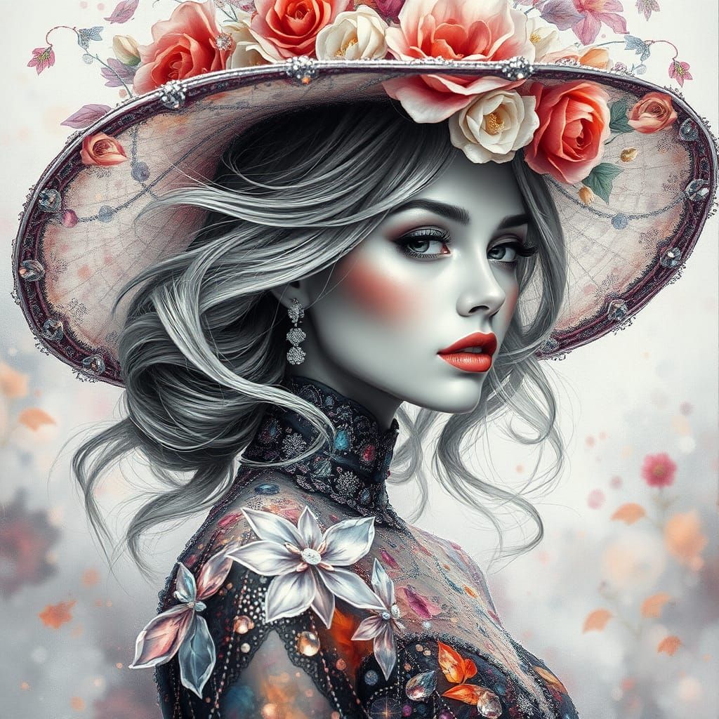 Elegant Woman with Crystal Flower Hat as Impasto Painting