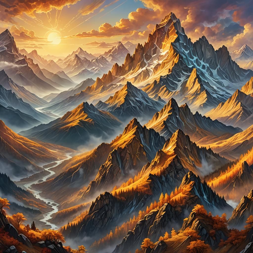 Majestic Mountain Range at Sunrise: Fantasy Art