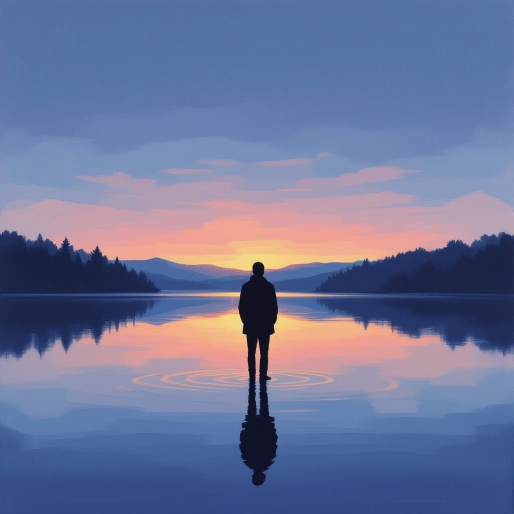 Lone Figure by Reflecting Lake at Twilight
