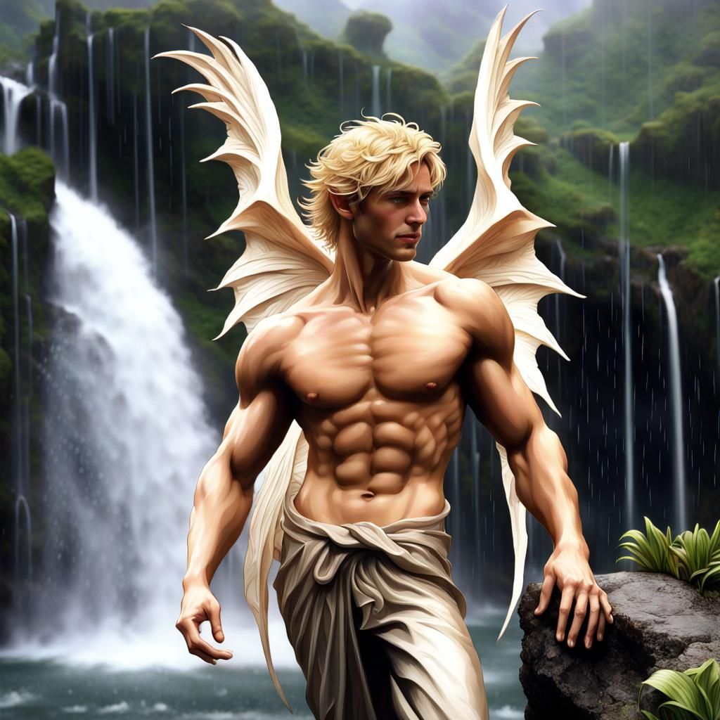 Winged Adonis in Waterfall Setting, Charcoal Drawing