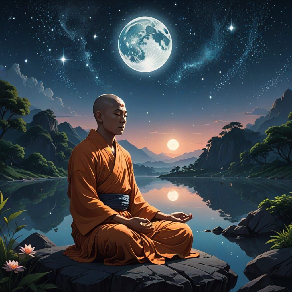 Meditating Monk in Dreamy Auroracore Space