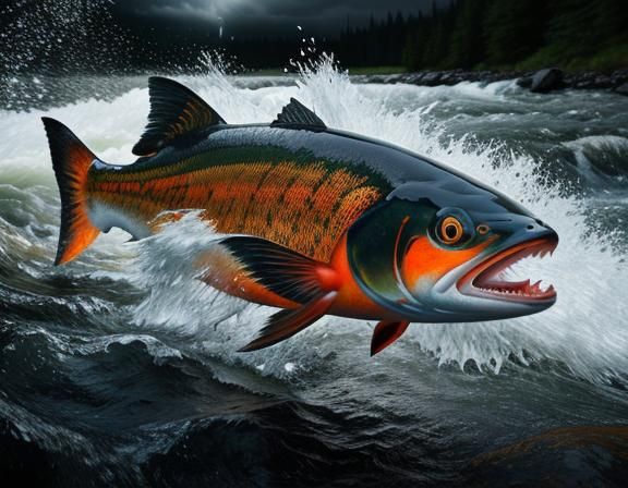 Salmon Swimming Upstream in Wilderness: Ultra-Realistic 8K P...