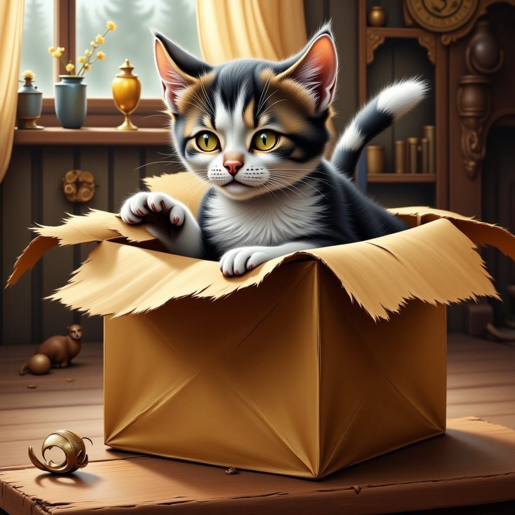 Fluffy Tabby Cat Playing in Cardboard Box