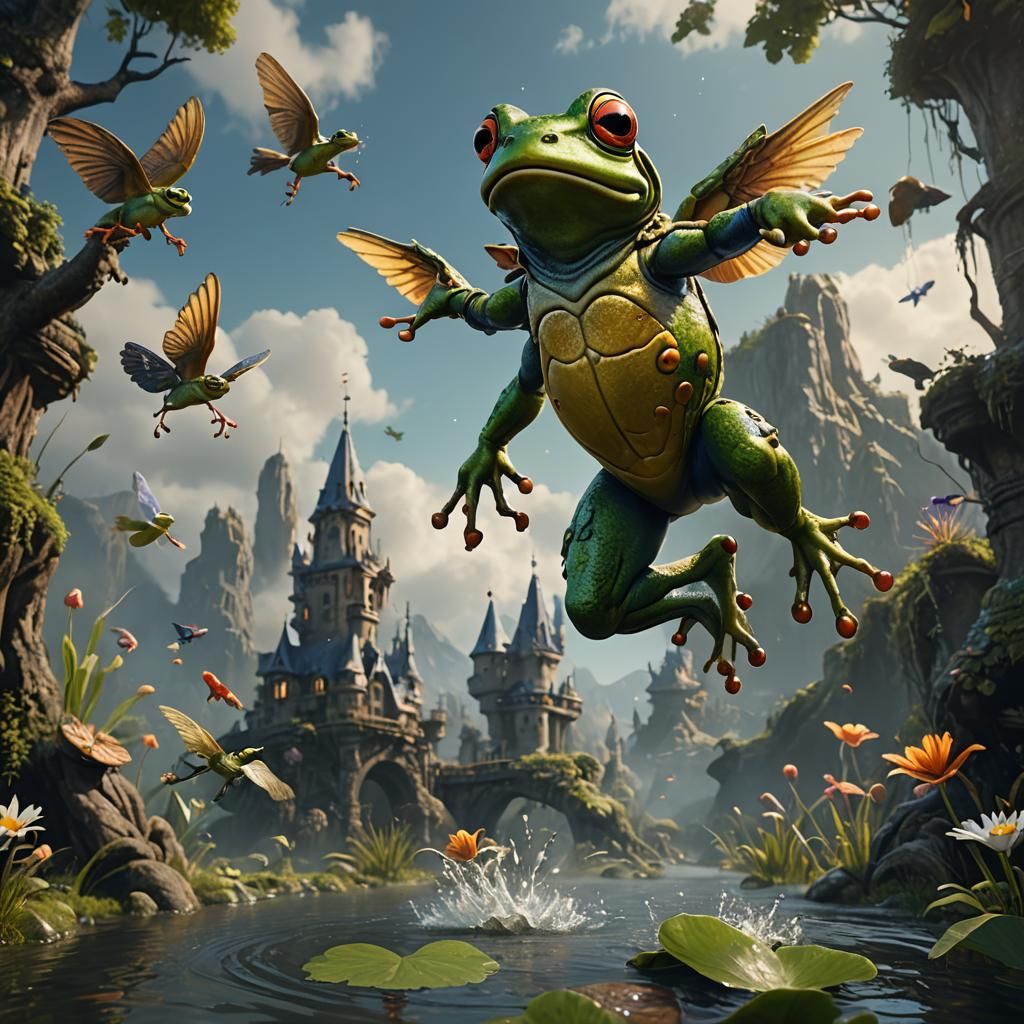 Frog's Fantastical Flight in Matte Painting Style
