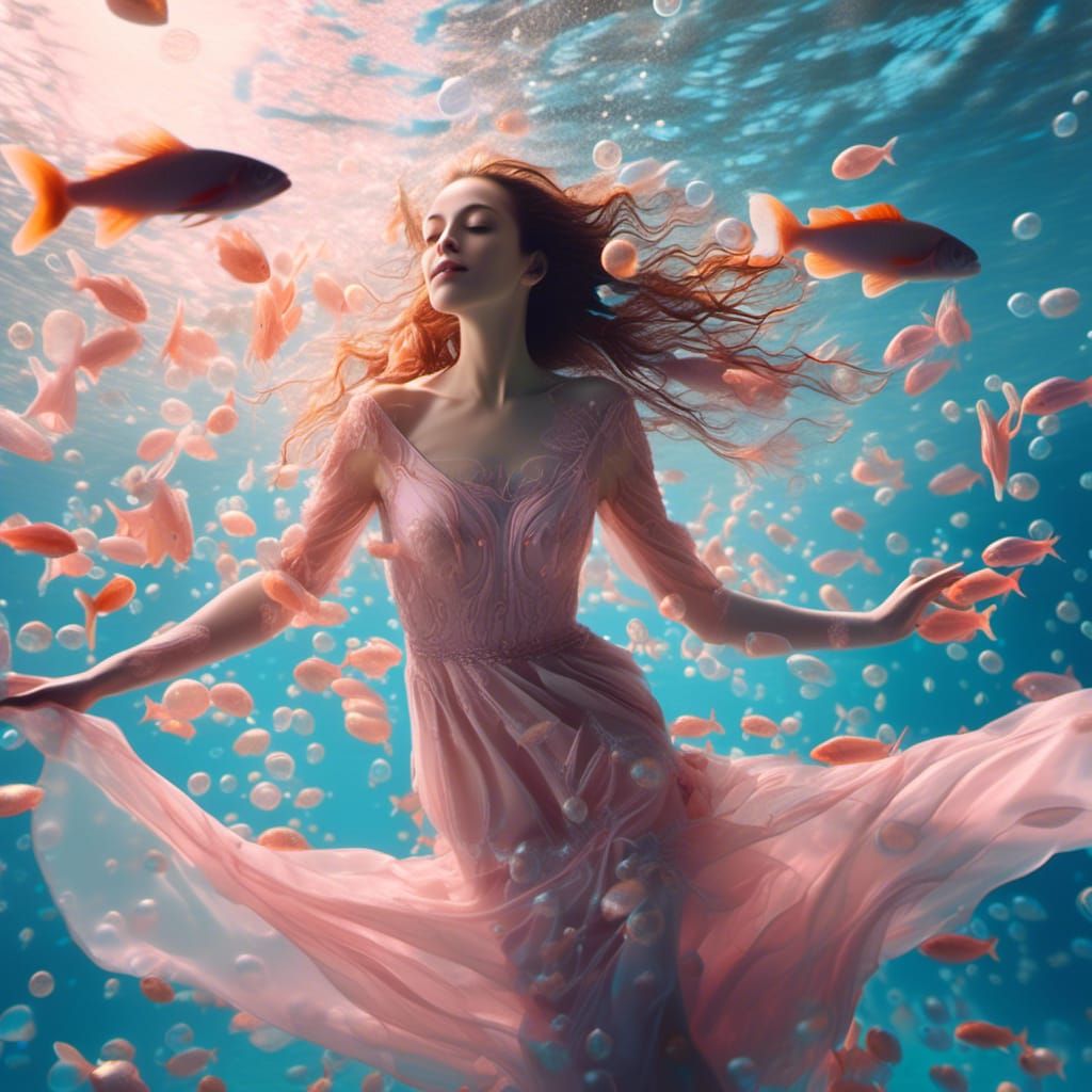 Underwater Woman in Pink Dress, Dreamy Art