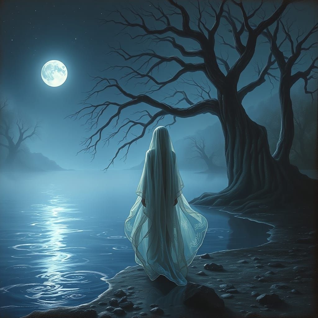 Mystical Figure at Moonlit Lake in Surrealist Style