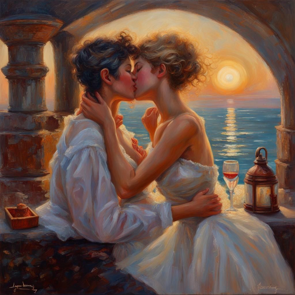 Romantic Kiss in Golden-Age Illustration Style