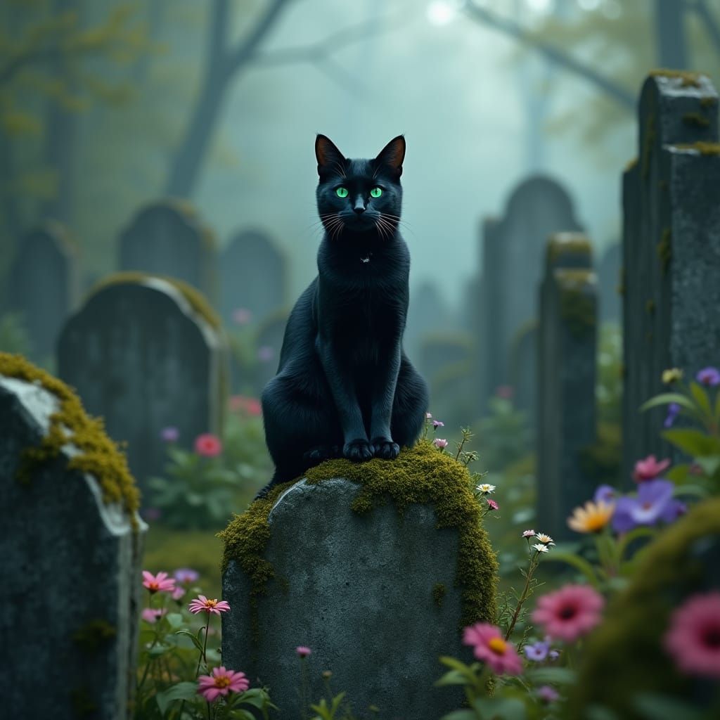 Mysterious Black Cat Surrounded by Ancient Grave Stones in a...