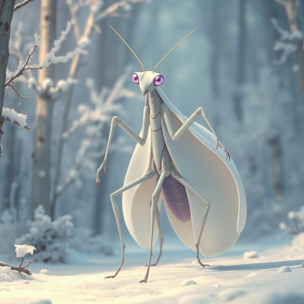 Mantis Walks Through Snowy Forest, Mystical Realism