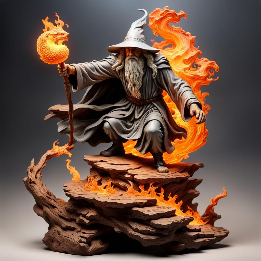 Gandalf Battles Balrog: Wood Carving Figurine