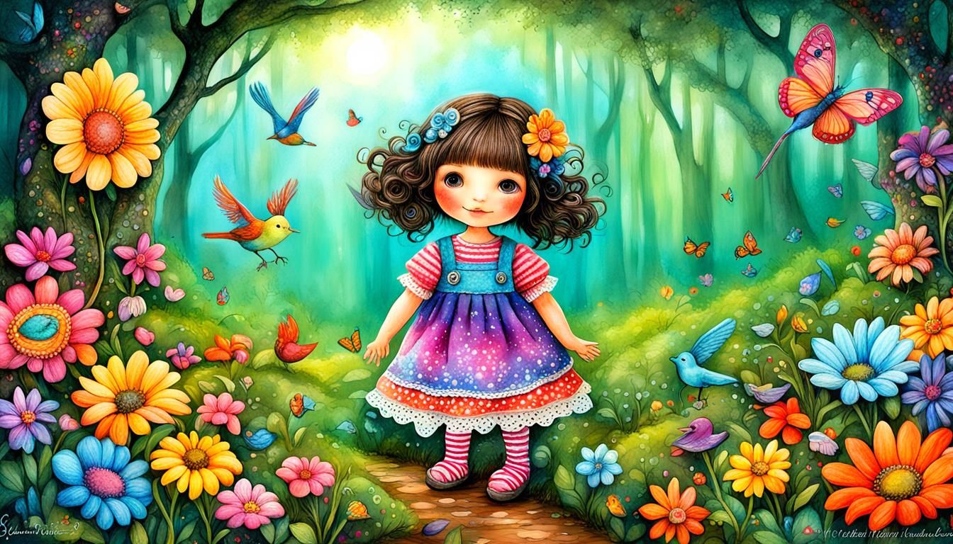 Charming Doll in Colorful Forest Illustration