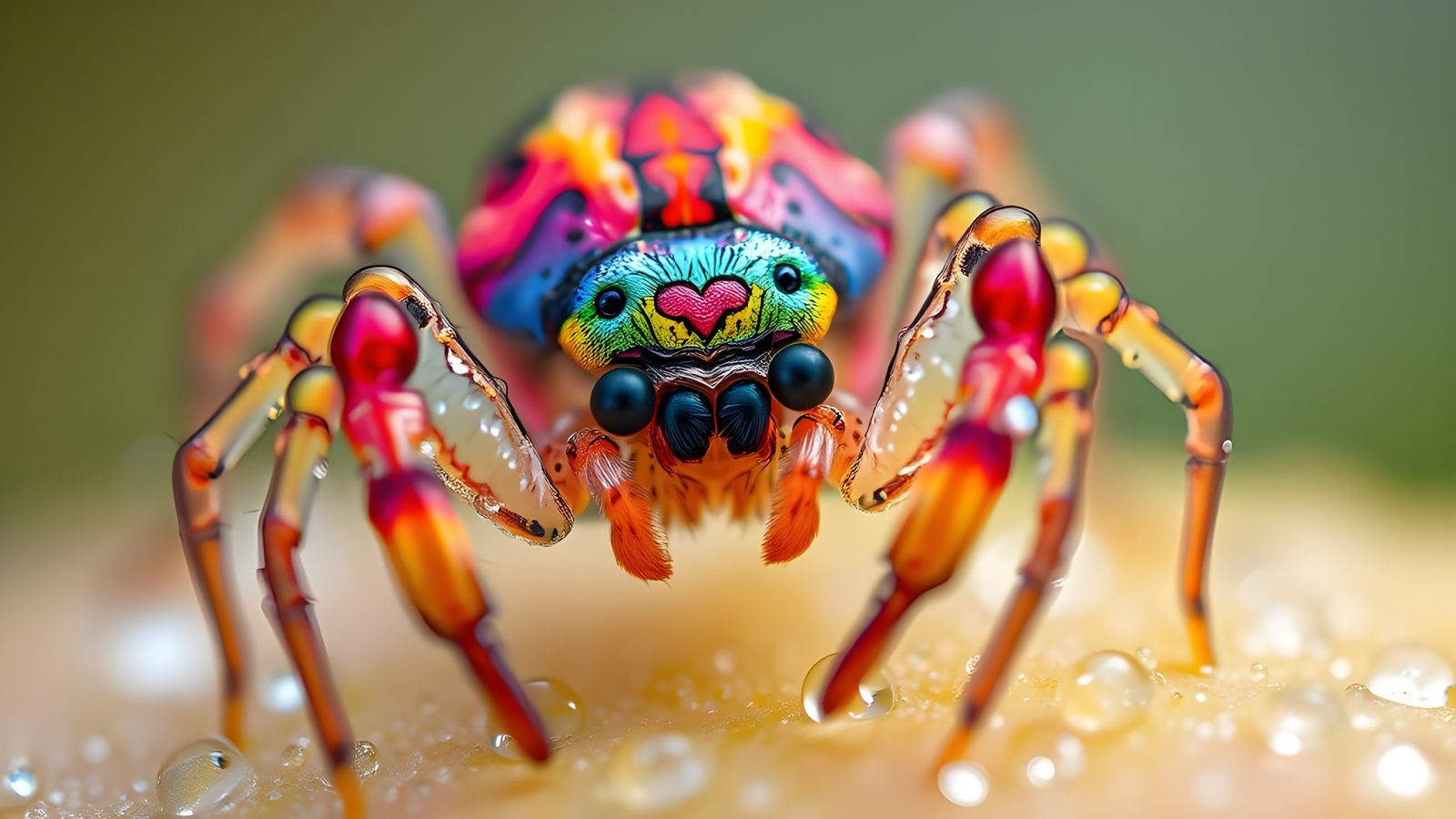Macro Photo of a Rainbow Spider with Dew Drops