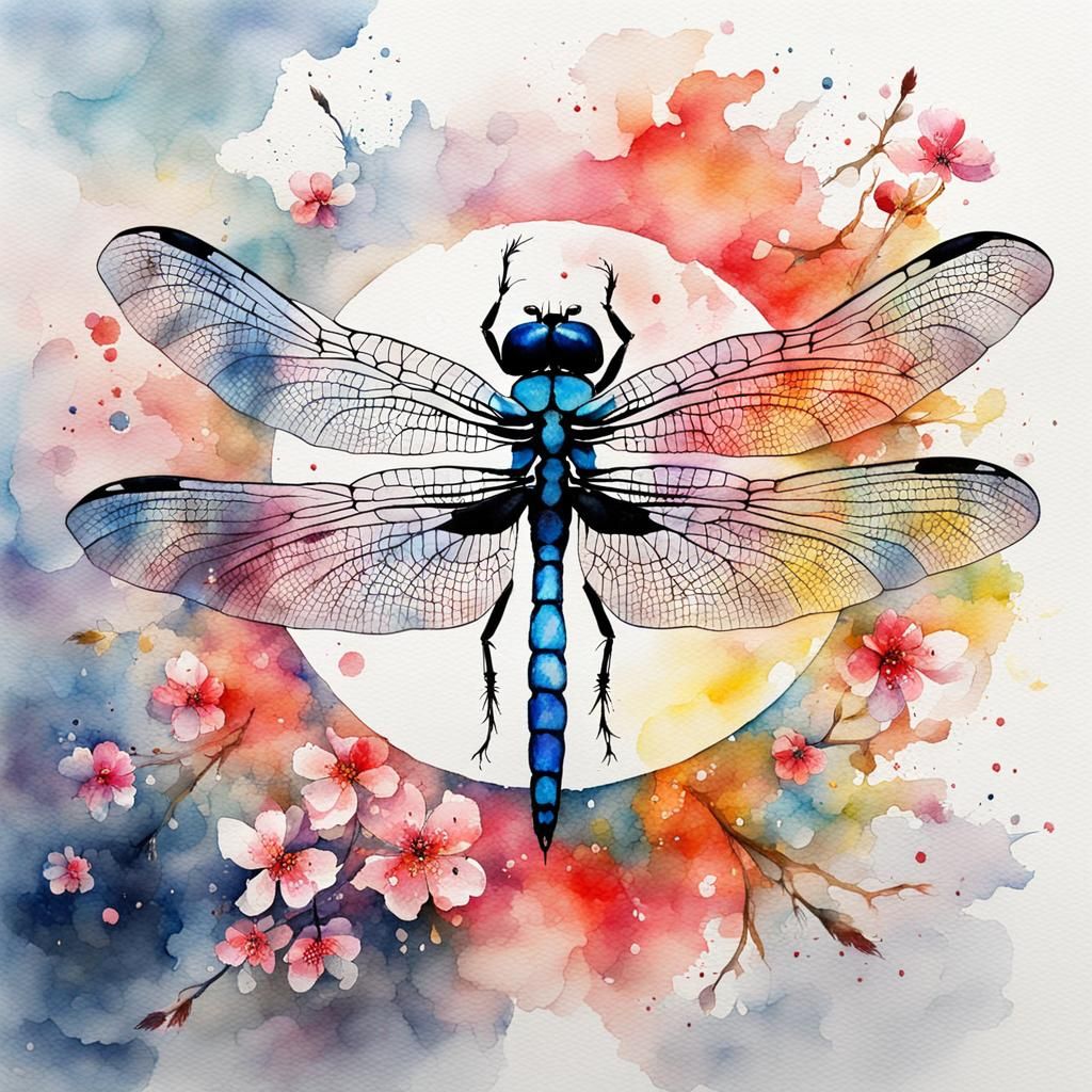 Impressionistic Dragonfly Watercolor with Sakura