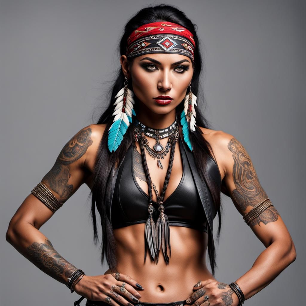 Tattooed Native American Woman in Leather