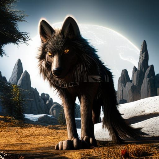 Cyber-Angel with Black Wolf in Detailed Digital Art