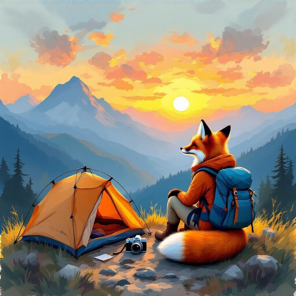 Fox Watches Sunrise: Impressionist Mountain Scene