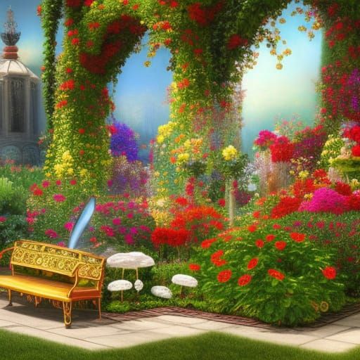Polychromatic Fantasy Garden with Fountain, Maximalist Style