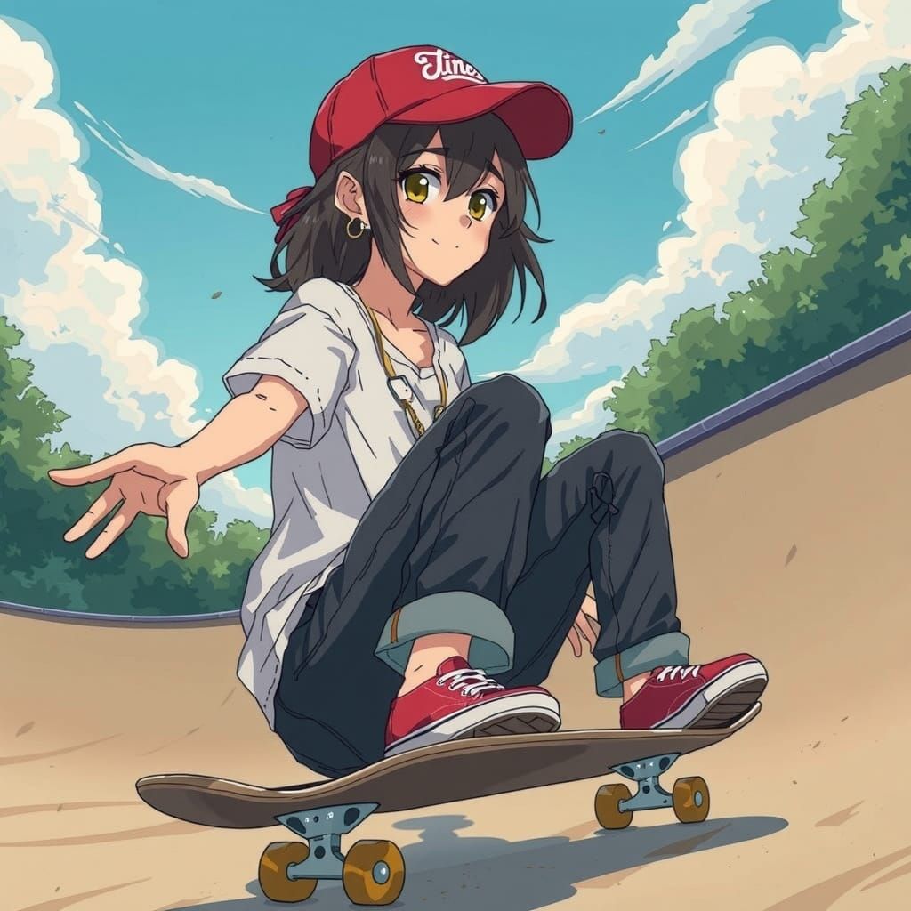 Anime Female Skatepark Icon with Long Dark Hair and Red Etni...