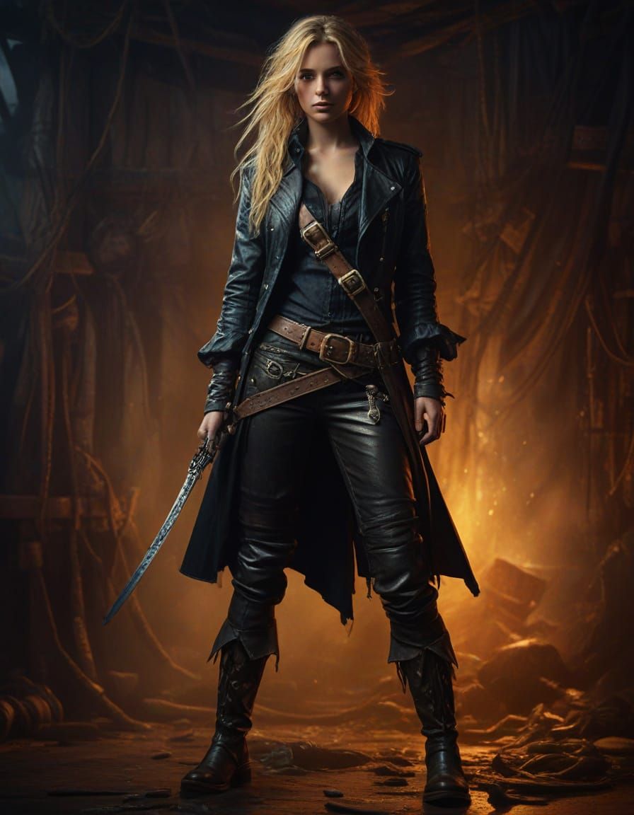 Blond Pirate Woman Posing in Vibrant Oil Painting