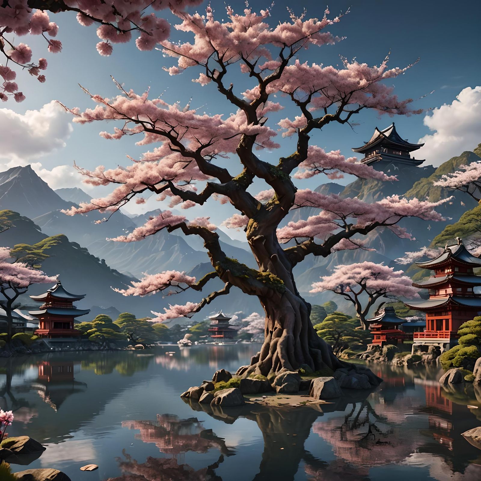 Ancient Sakura Tree by Lake: Fantasy Concept Art