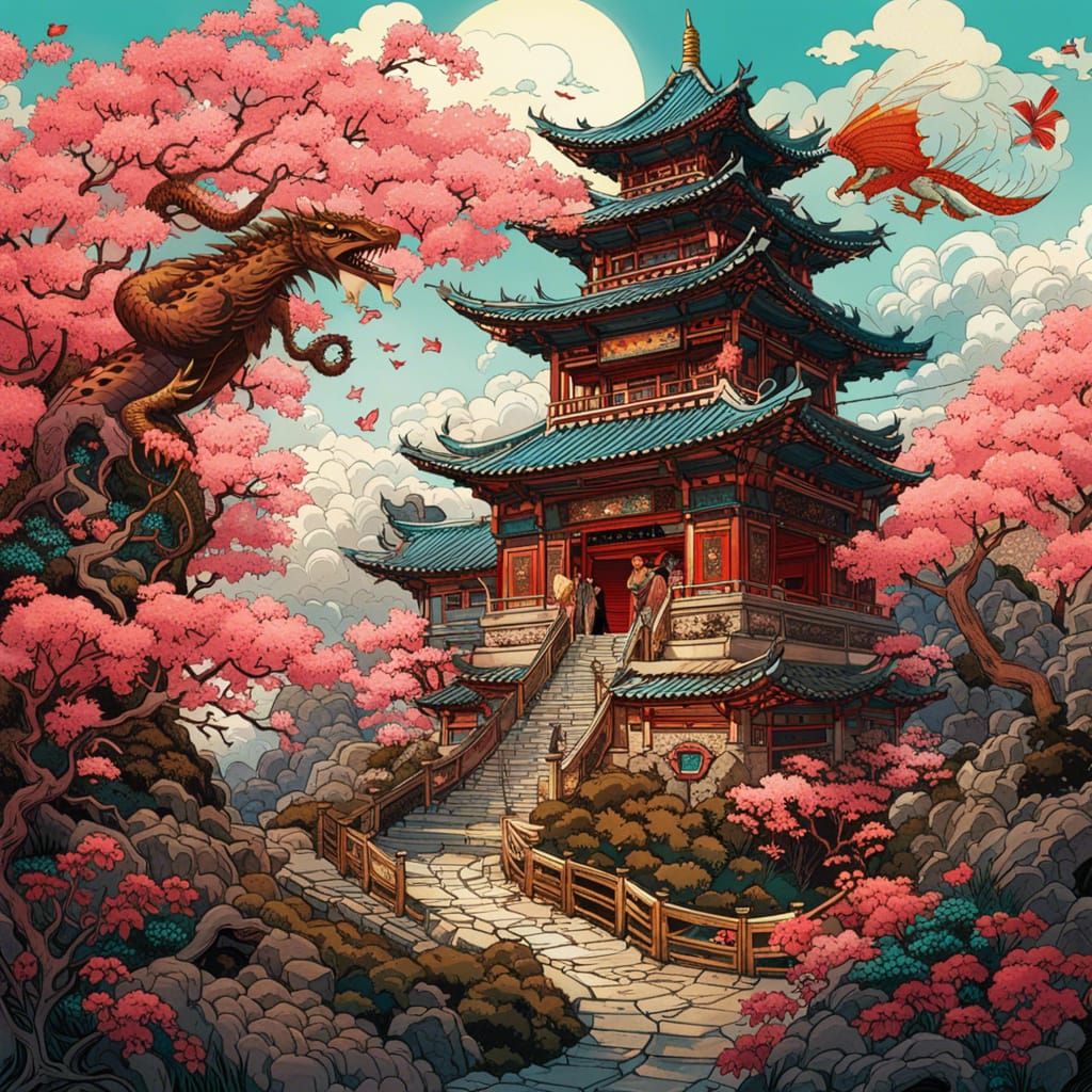 Chinese Temple, Sakura Garden, and Dragon: Digital Art