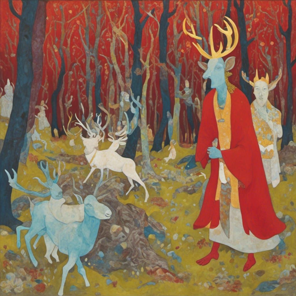 Ancient Pagan Priests in a Vibrant Red Forest