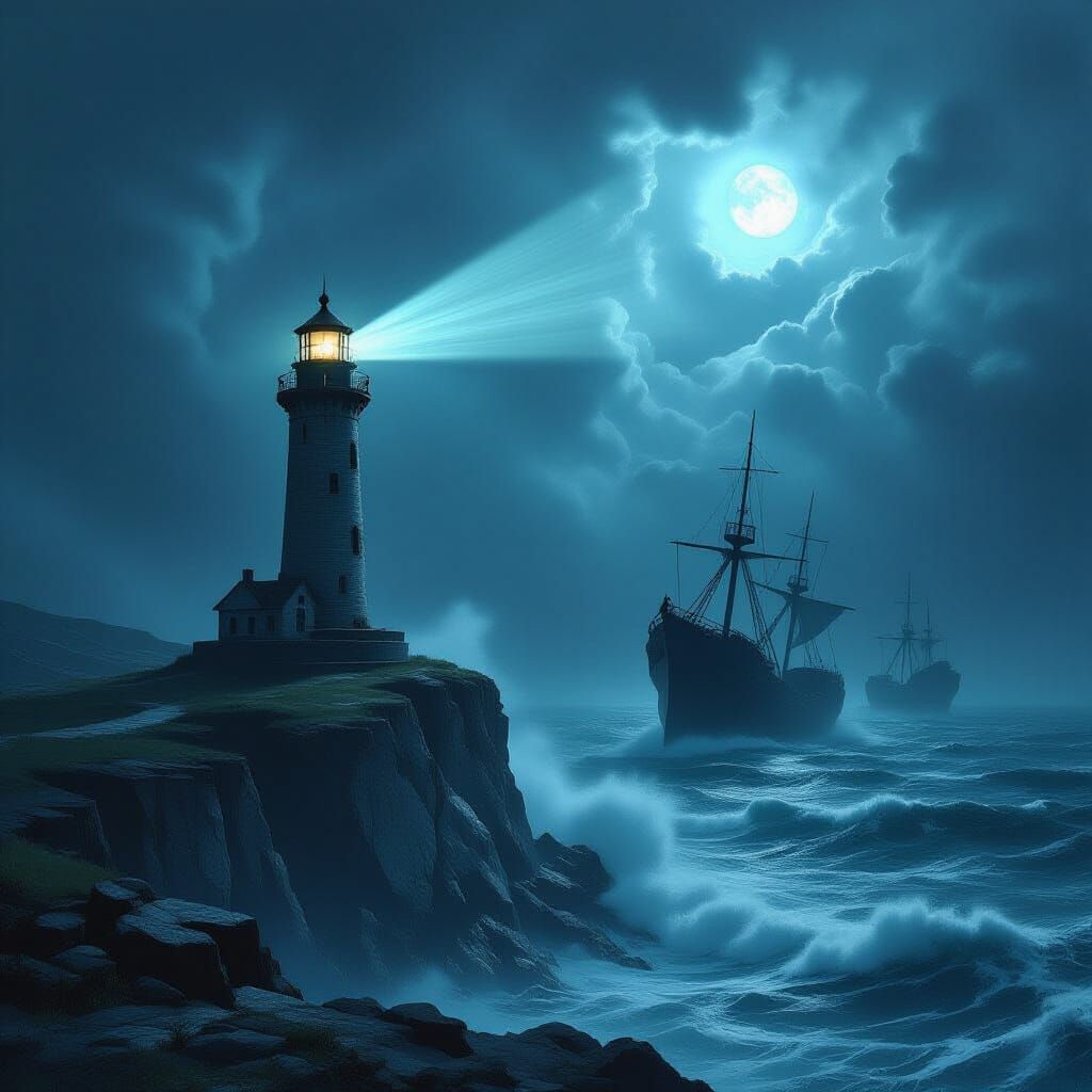 Ancient Lighthouse Beam Cuts Through Stormy Seas, Illuminati...