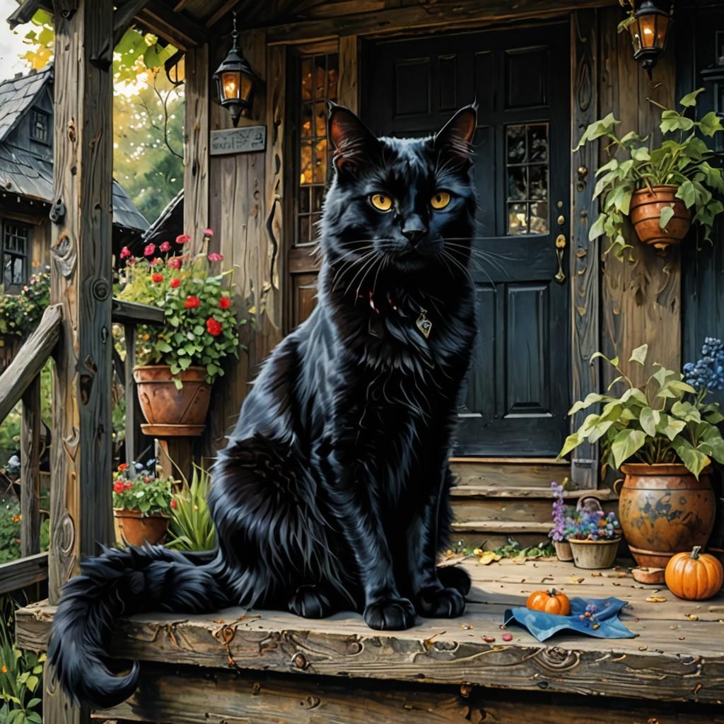 Black Cat on Witch's Cottage, Detailed Painting