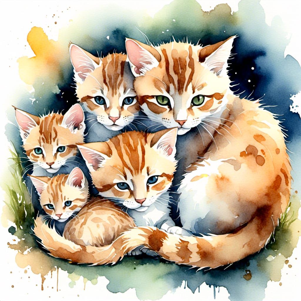 Watercolor Cat and Kittens Sleeping Together