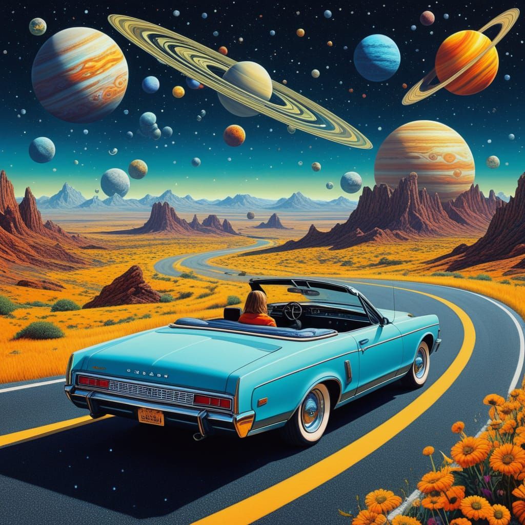 Women Driving Convertible Under Surreal Cosmic Sky