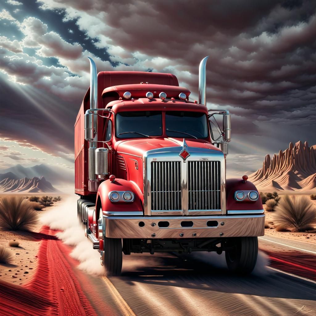 Red Truck on Desert Highway: Cinematic Digital Art