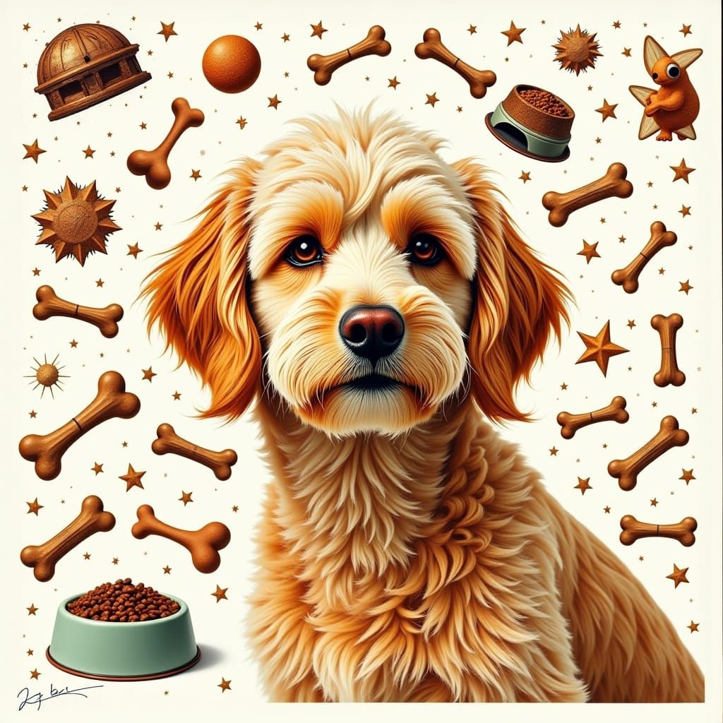 Dada Collage of Dog Toys and Golden Doodle