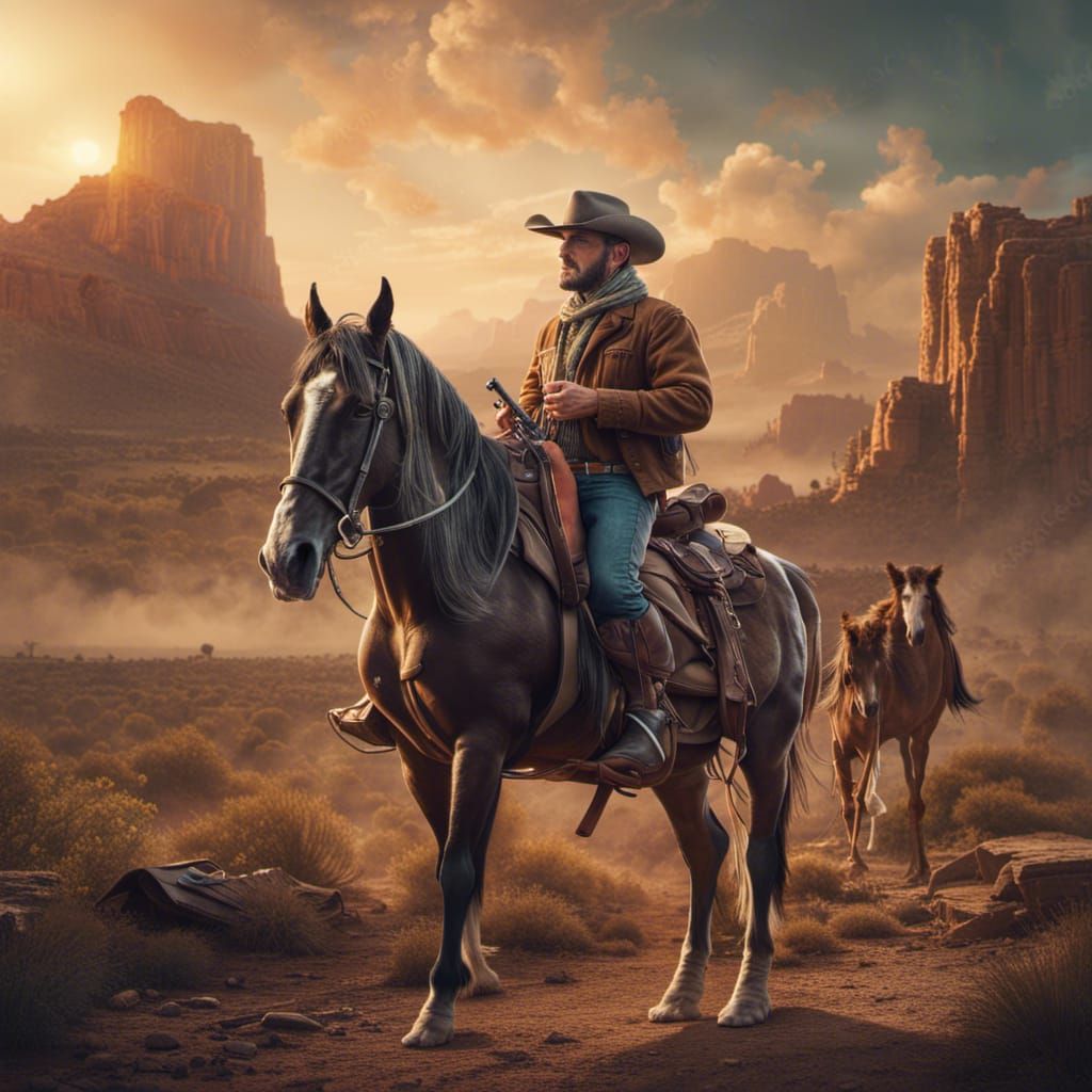 Cowboy with Rifle and Horse in Detailed Digital Painting