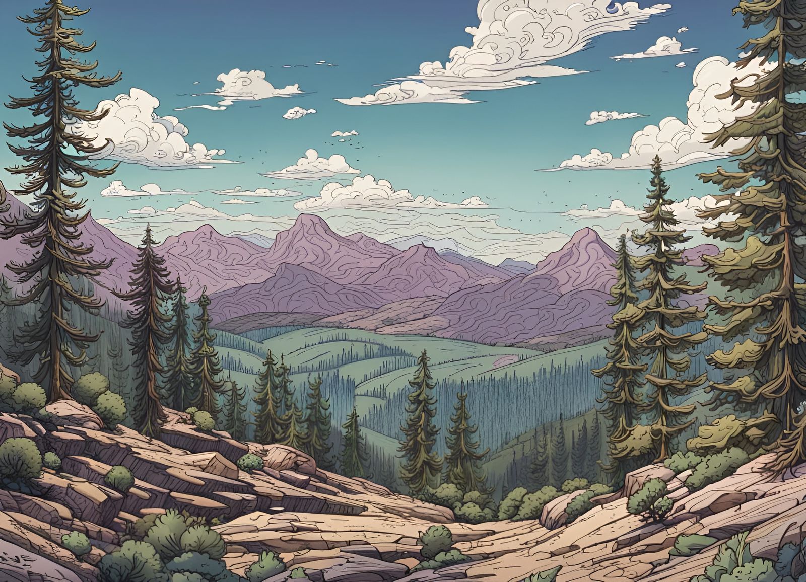 Cartoon Mountain Range in Color Ink Style