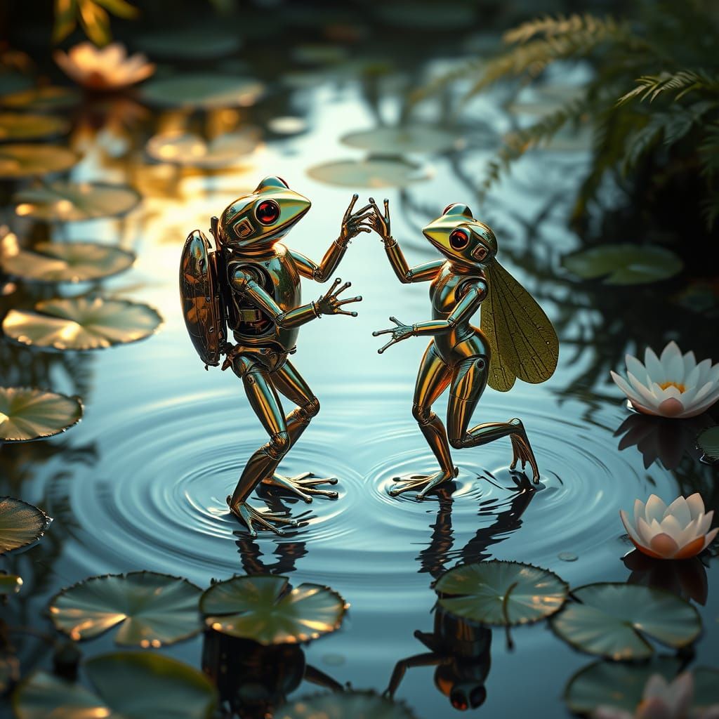 Hyperrealistic Frog-Robot and Frog-Lady Dance on a Serene Po...