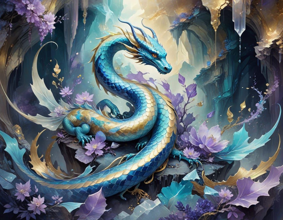 Winged Snake-Dragon in Crystal Cavern: Chinese Ink Painting