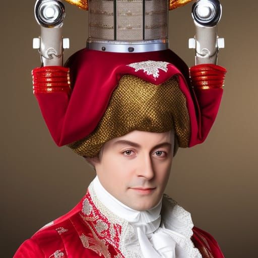 Mozart as Faceless Silver Robot with Gold Ornament